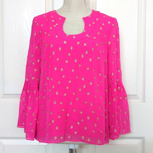 Lilly Pulitzer Pinta Pink Starry Clip Chiffon Top - Picture 2 of 7